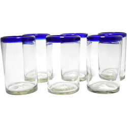 Vasos mexicanos soplados a mano, juego de 6 vasos con bordes azul cobalto