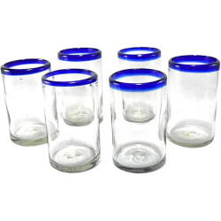 Vasos mexicanos soplados a mano, juego de 6 vasos con bordes azul cobalto