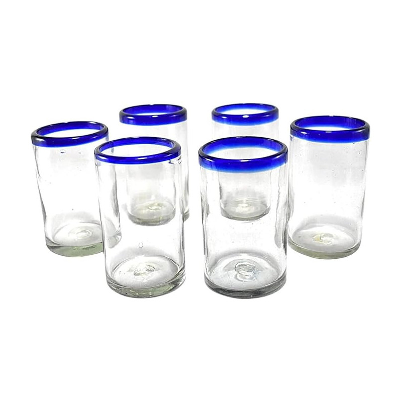 Vasos mexicanos soplados a mano, juego de 6 vasos con bordes azul cobalto