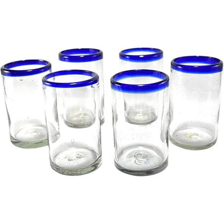 Vasos mexicanos soplados a mano, juego de 6 vasos con bordes azul cobalto