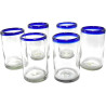 Vasos mexicanos soplados a mano, juego de 6 vasos con bordes azul cobalto