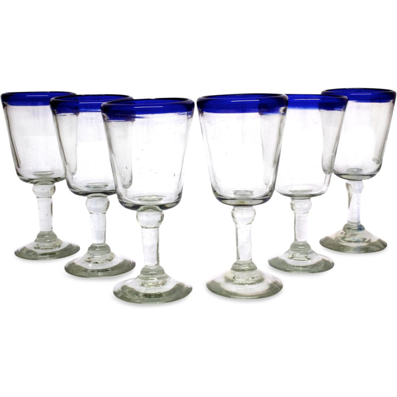 Copas de vino de vidrio reciclado con borde azul cobalto transparente soplado a mano, 8 onzas x 6