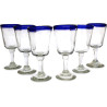 Copas de vino de vidrio reciclado con borde azul cobalto transparente soplado a mano, 8 onzas x 6